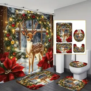4pcs Christmas perfect Christmas reindeer design, exquisite shower curtain set, non-slip floor mat, U-shaped carpet, toilet cover, perfect for bathroom decoration, partition, beautify the space, 12 shower curtain hooks are given
