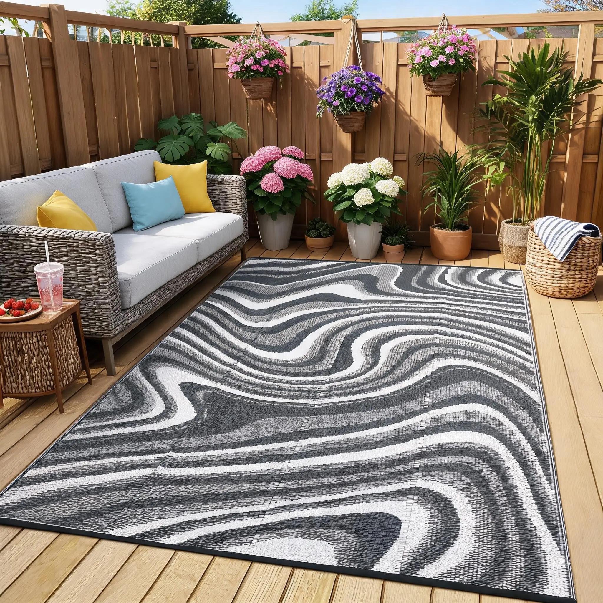 Outdoor Rug 6x9 Waterproof Patio Rugs Modern Abstarct Reversible Mat for Front Door Rv Foldable Plastic Straw Carpet for Travel Trailers, Deck, Porch, Camper, Balcony, Beach，Black/Grey