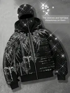 Shining rhinestones, windproof hat zipper hoodie for men, Gothic style skeleton cardigan hoodie for men and women, European and American street casual fashion brand jacket, autumn and winter velvet hoodie, party nightclub Instagram style