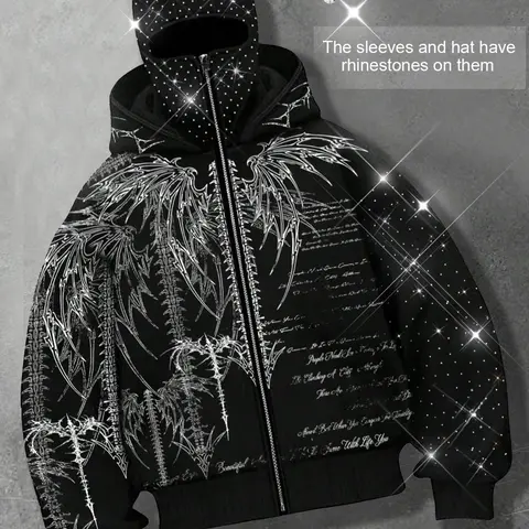 Shining rhinestones, Rhinestone decor hoodie, windproof zipper hoodie for men, Gothic style skeleton cardigan hoodie, European and American Streetwear jacket, autumn and winter velvet hoodie, party nightclub Instagram style