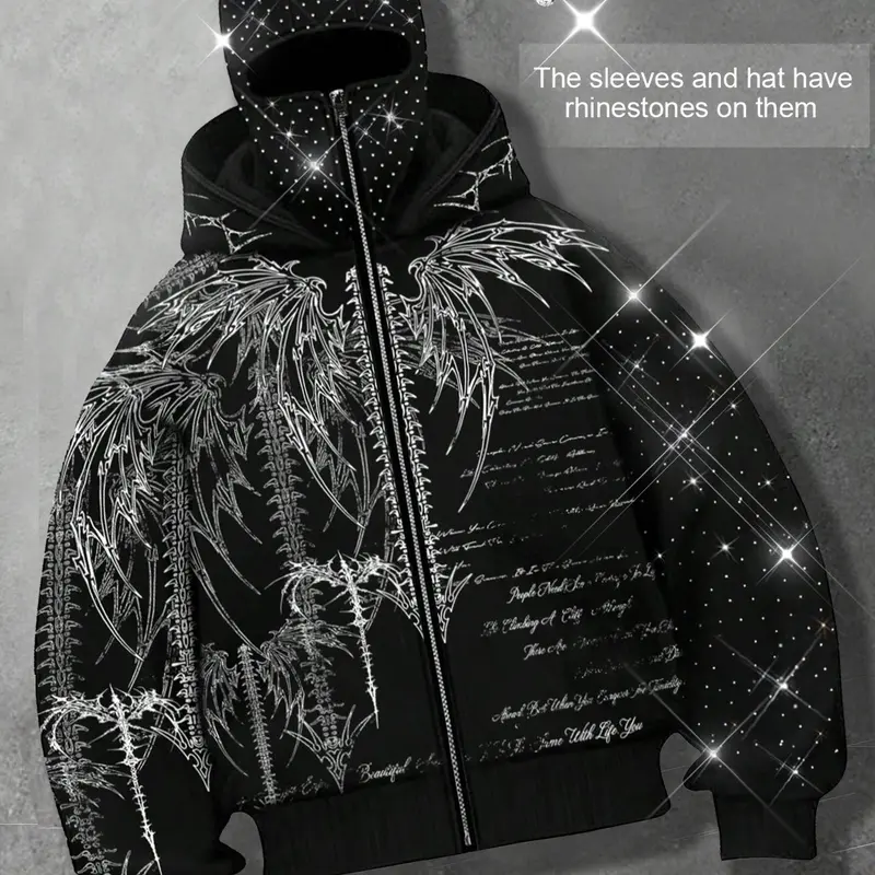 Shining rhinestones, Rhinestone decor hoodie, windproof zipper hoodie for men, Gothic style skeleton cardigan hoodie, European and American Streetwear jacket, autumn and winter velvet hoodie, party nightclub Instagram style