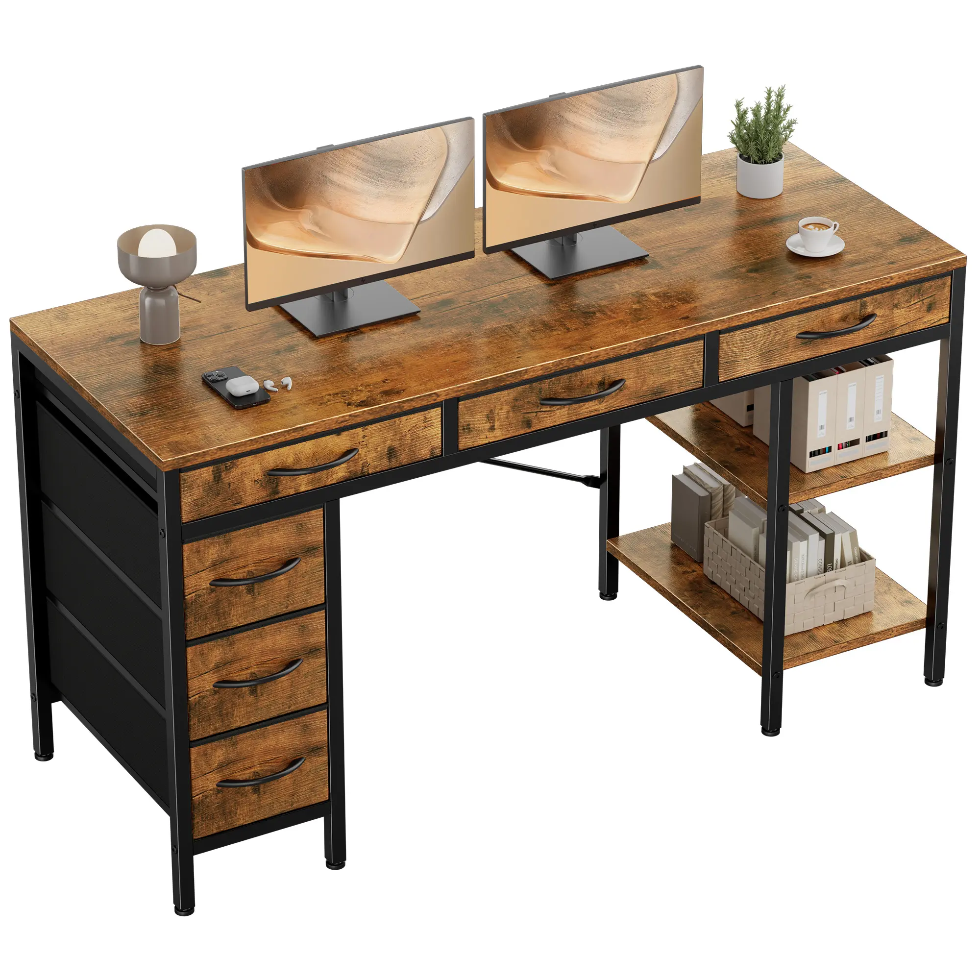 Gaming Desk with 6 Drawers and Storage Shelves, Home Office Computer Desk for Bedroom and Living Room Work, Writing & Study Table, Computer Desk Stand, Adjustable Laptop Desk