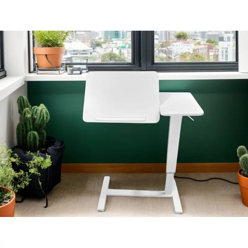 (UPGRADED) White Unisex Overbed Bedside Table - Chic Mobile Laptop Stand with Hidden Rolling Wheels, Tilting Tray, Adjustable Height, Space-Saving for Bed & Sofa (Mother's Day Gift Option)