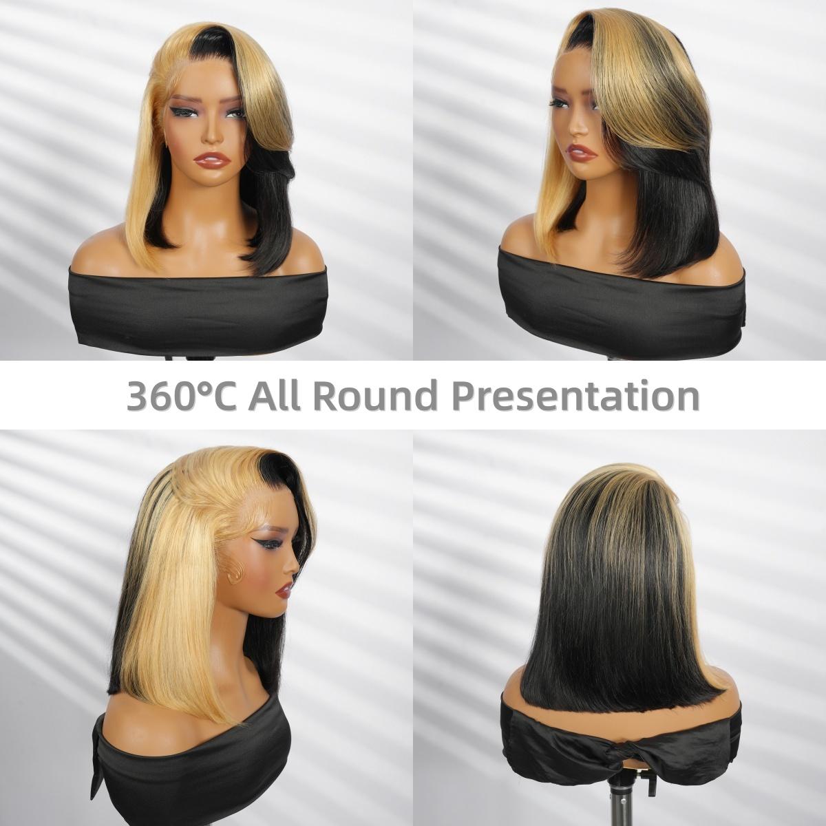 AliPearl Glueless Skunk Stripe Black Honey Blonde Color Straight Short Bob 13x6 Lace Frontal Wigs with Drawstring Ready to Go Pre Cut Pre Plucked Human Hair