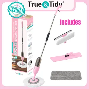 True & Tidy Round Clean Everywhere Smooth Spray Mop Kit Cleaning Microfiber, with Different Heads. Soft and Adjustable Brush Pad Brush Pad Brush Pad mop Multicolor Pink
