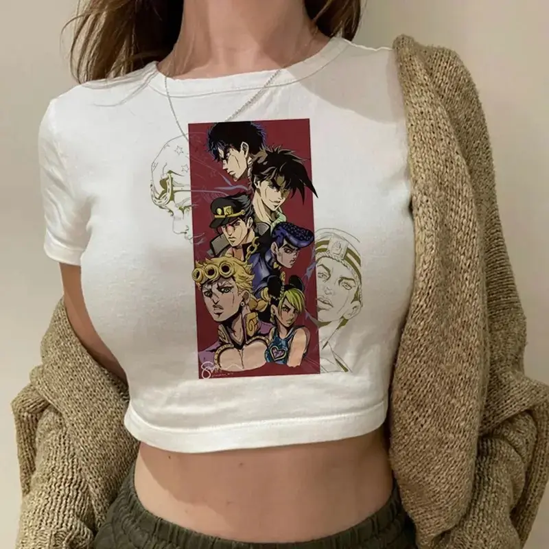 JoJo's Bizarre Adventure Graphic Crop Top Baby Tee Jotaro Jolyne Giorno Anime White Streetwear Ribbed Cotton Slim Fit Casual T-Shirt Gift for Manga Fans