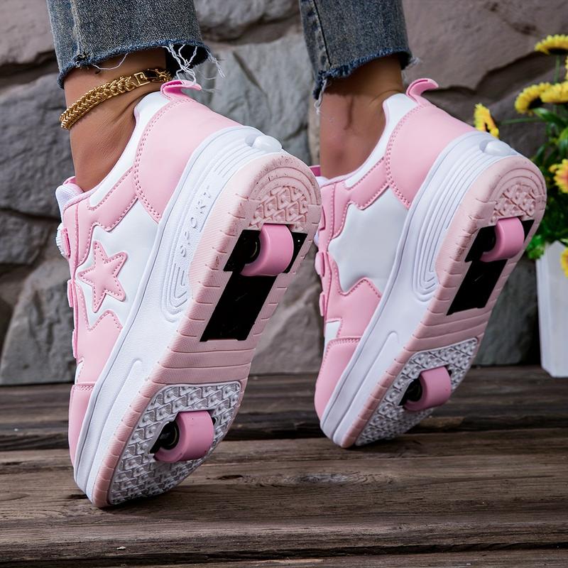 [shipping from US][shipping from US]Girls' Dual Wheel Removable Roller Skate Shoes, Low Top with Rotary Buckle Closure, PU Upper & Fabric Insole, Casual Sports Style for Roller Skating, All-Season Solid Color Sneakers for Children Under 12