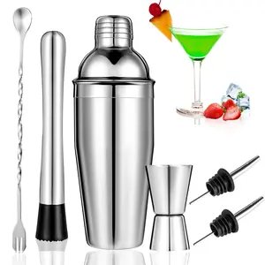 Cocktail Shaker Set, 6-Piece Bartender Kit Premium Shakers Bartending: Martini Shaker Measuring Jigger Mixing Spoon Muddler 2 Pourers Bar Tools Set with Built-in Bartender Strainer for Drink Shaker Stainless Utensils