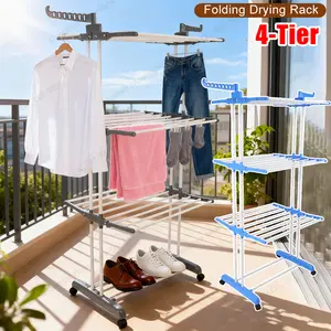 4-Tier Foldable Drying Rack Free Standing Movable Laundry Rack with 4 Castors Rolling Clothes Horses Dryer Rack W/ 4 Drying Poles and Two Side Wings for Towels Clothes Shoes Linen