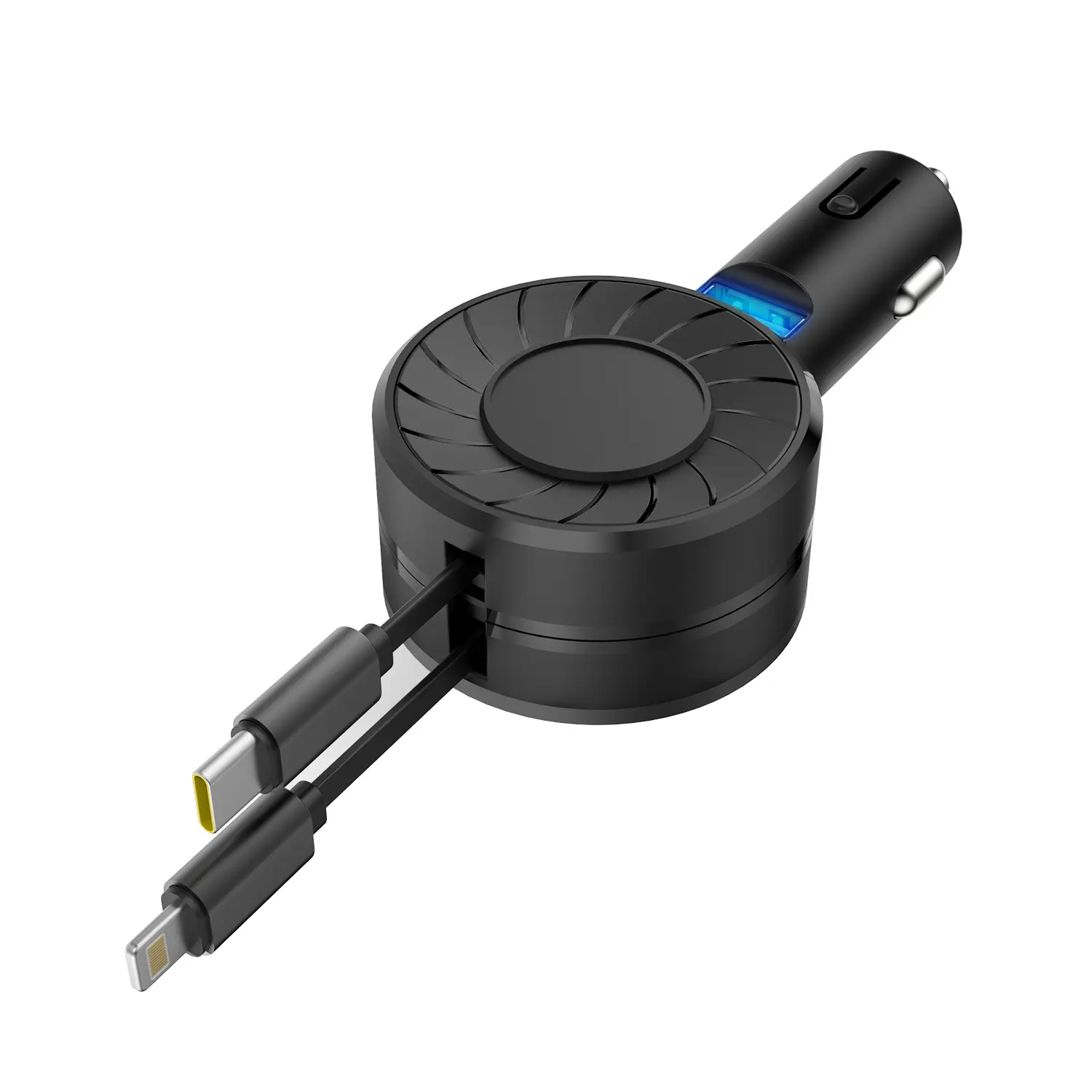 SPGUARD Compact Retractable PD 50W 3-in-1 Fast Charger - 12V-24V Cigarette Jack Compatible, 2 Retractable Type C & Lightning Cables, 1 USB Port, Lightweight (0.2 lbs) Gadget for iPhone 16/15/14/13/12/11 Pro Max/8, Galaxy S23, Pixel, Nexus 6P, Most Models