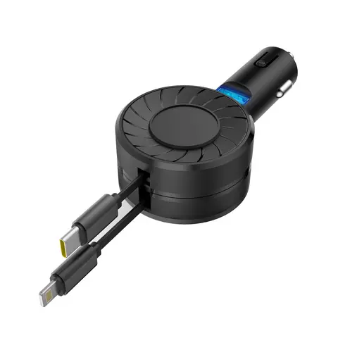 SPGUARD Compact Extendable Retractable 50W PD Car Charger - Automotive, Type-C+Lightning Cables, 80cm Length, 1 USB Port, 0.2lbs Lightweight, Fits 12V-24V Vehicles, Cigarette Jack Compatible, Voltage Control, For iPhone 8, Galaxy S23, Pixel, Nexus 6P