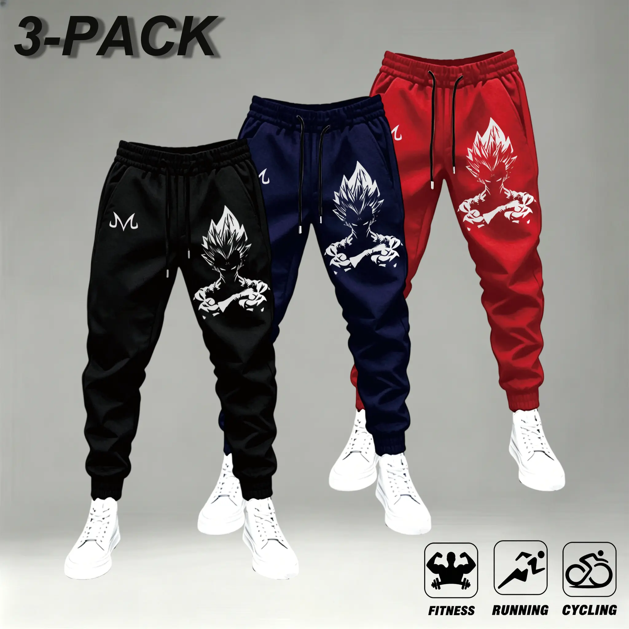 Men's 3 Pack 90s Graphic Joggers in Black Navy & Red for Fitness Running & Cycling Comfortable Drawstring Sweatpant,soft knit fitness casual trousers,minimalist anim silhouette layering sweatpants,unisex anime fan streetwear joggers