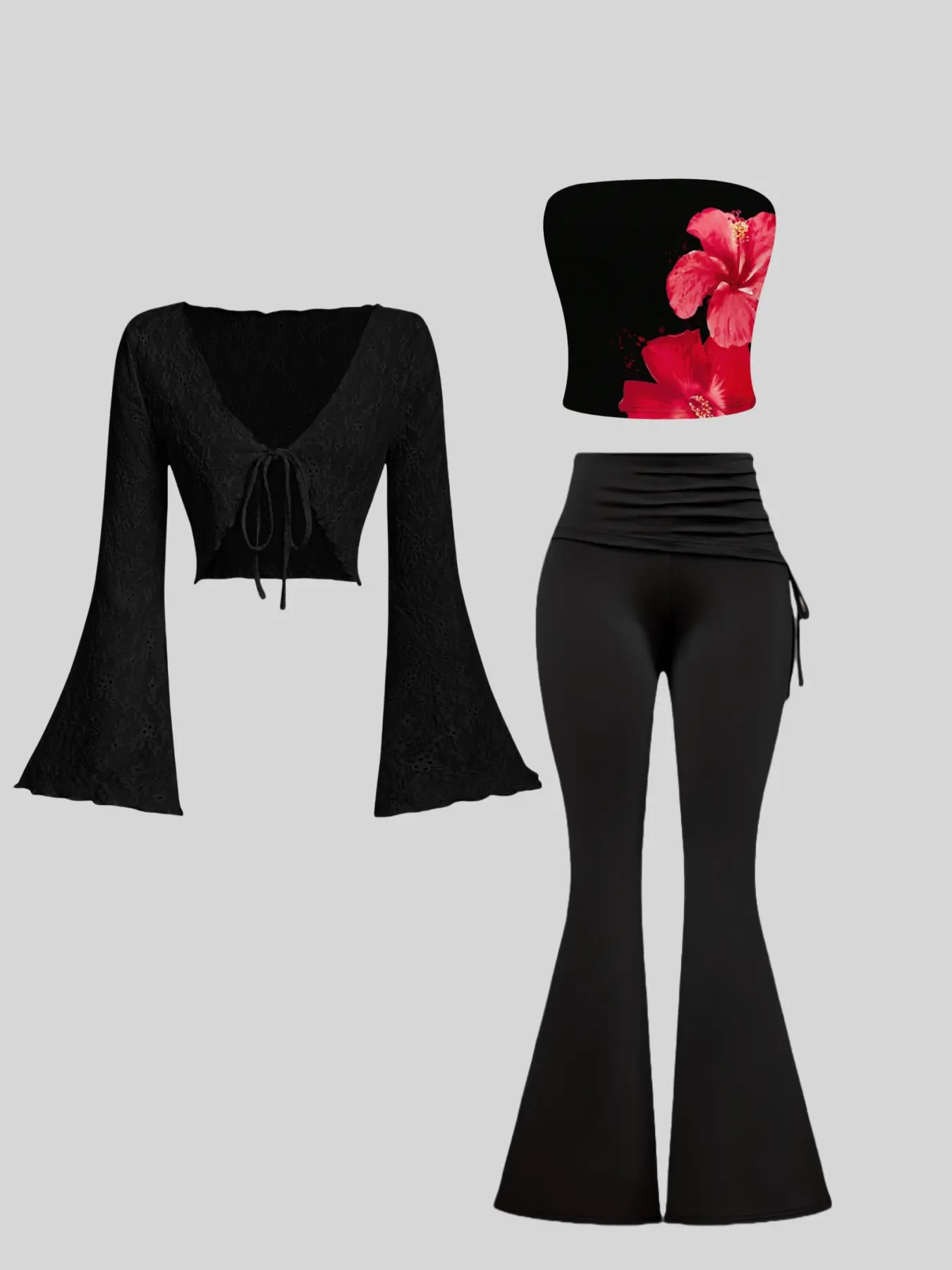 Women's casual suit, floral printed strapless top, hollow long sleeve lace-up cardigan outfit and drawstring high waist trousers suit Clothes