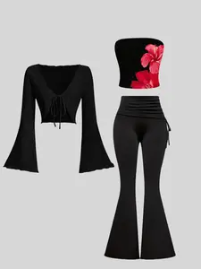 Women's suit, floral printed strapless top, hollow long sleeve lace-up cardigan outfit and drawstring high waist trousers suit