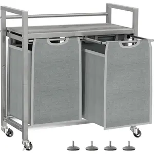 Laundry Hamper, Laundry Basket, Laundry Sorter with 3 Removable Bags, Clothes Basket with 3 Compartments, Wheels, Shelf for Laundry Room Bedroom (2 Bags-Gray)