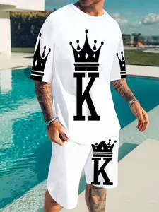 Men's 2-Piece Crown K Print T-Shirt & Shorts Set, Breathable Quick-Dry Sports, Casual Slim-Fit Summer Wear