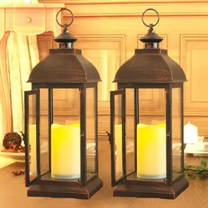 2Pack 16 Inch Height(41cm) Home Decor Products For Wedding, The Door-Open Decorative Lantern With Flameless LED Candle Light, Outdoor/Indoor LED Lantern With Timer Candle, Plastic With Bronze Undertones.USE 2xC Batteries(Excl.)