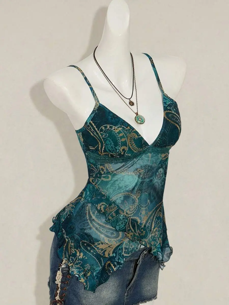 APPAREL Women's Vacation Cashew Floral Print Ruffled Strap Cami Top 4th Of July Cute Sexy Summer Tops Going Out Night Out Vacation Tops Teal