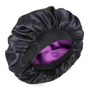 Premium Satin Double Layer Adjustable Bonnet for Black Women Heatless Daily Use Lightweight Haircare Accessory with Purple Interior US Elastic Black+Glod Elastic