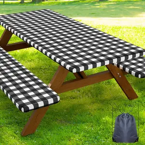 Picnic Table Cover with Bench Covers,  Elastic Fitted Tablecloths for 6 Foot Rectangle Tables, Washable Buffalo Plaid Tablecloth for Camping, Outdoor (Black & White, 30"x72")