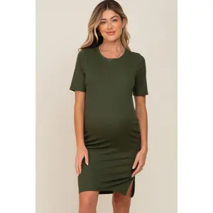 Olive Ribbed Basic Short Sleeve Maternity Dress