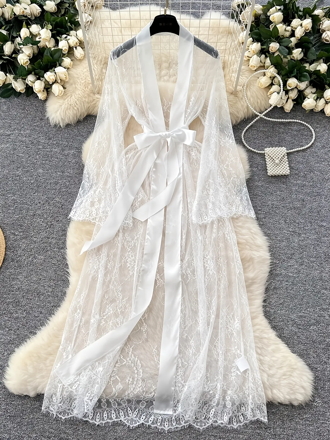 Women's Semi-sheer Lace Robe Solid Color V Neck 3/4 Sleeve Belted Robe for All Seasons Sleepwear