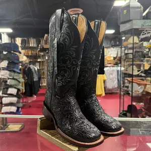 Black Tooled Cowgirl Boots Square Toe