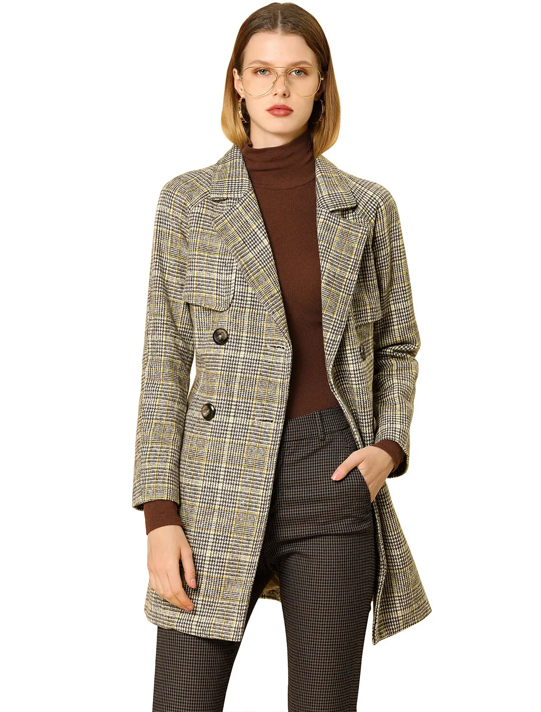 INSPIRE CHIC Women's Houndstooth Notch Lapel Double Breasted Belted Trench Coat with Pockets