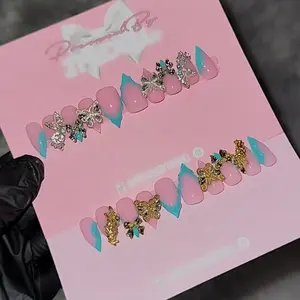 GOLD/SILVER | Blue Butterfly Stilettos | GelX Press Ons