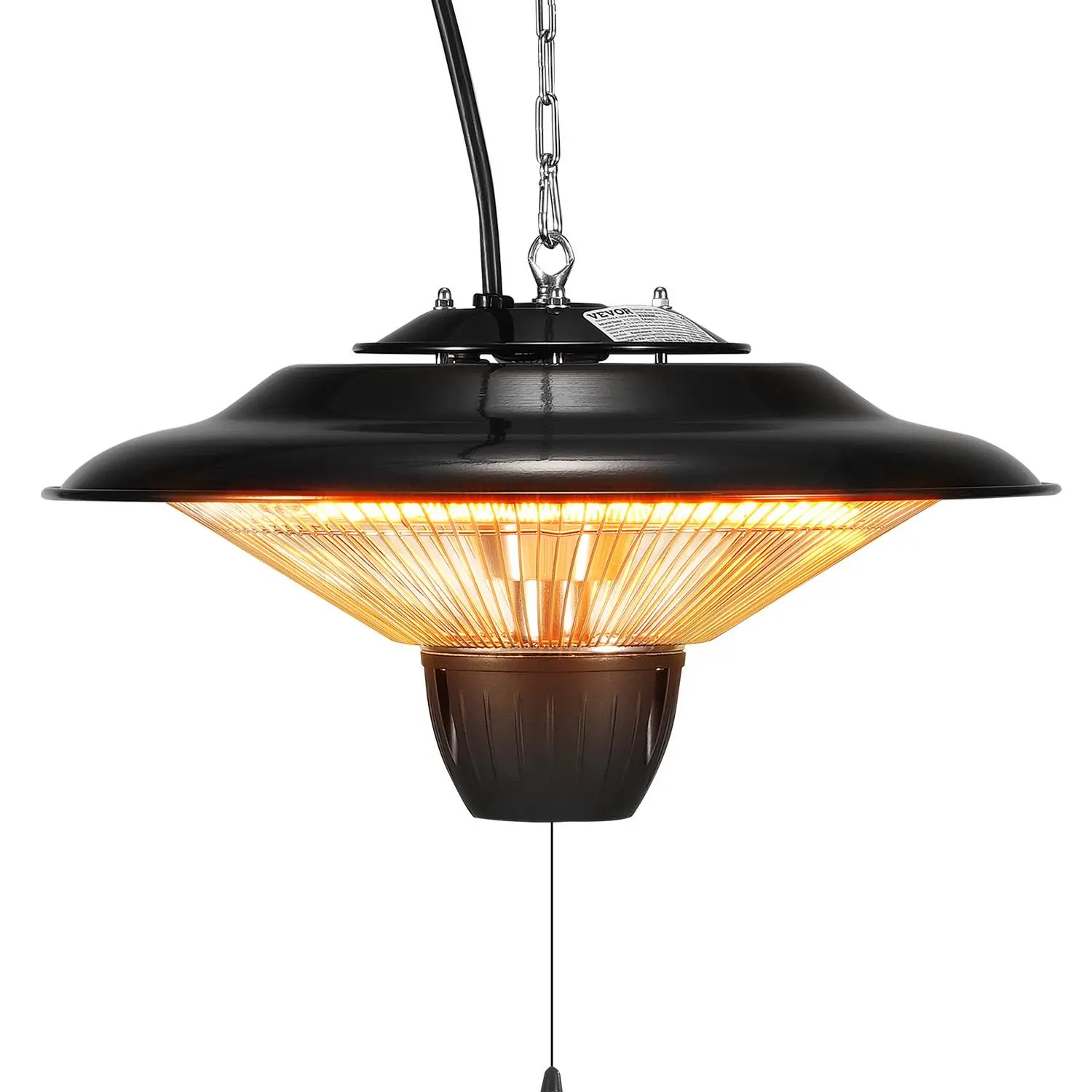 VEVOR Hanging Electric Patio Heater, 1500W Infrared Quick Hot Unit, 23.6 inch Pull Cord, Adjustable Chain, 360° Heat Distribution, IP34 Waterproof Dustproof Rust-Proof, for Home Exterior Use, Garden