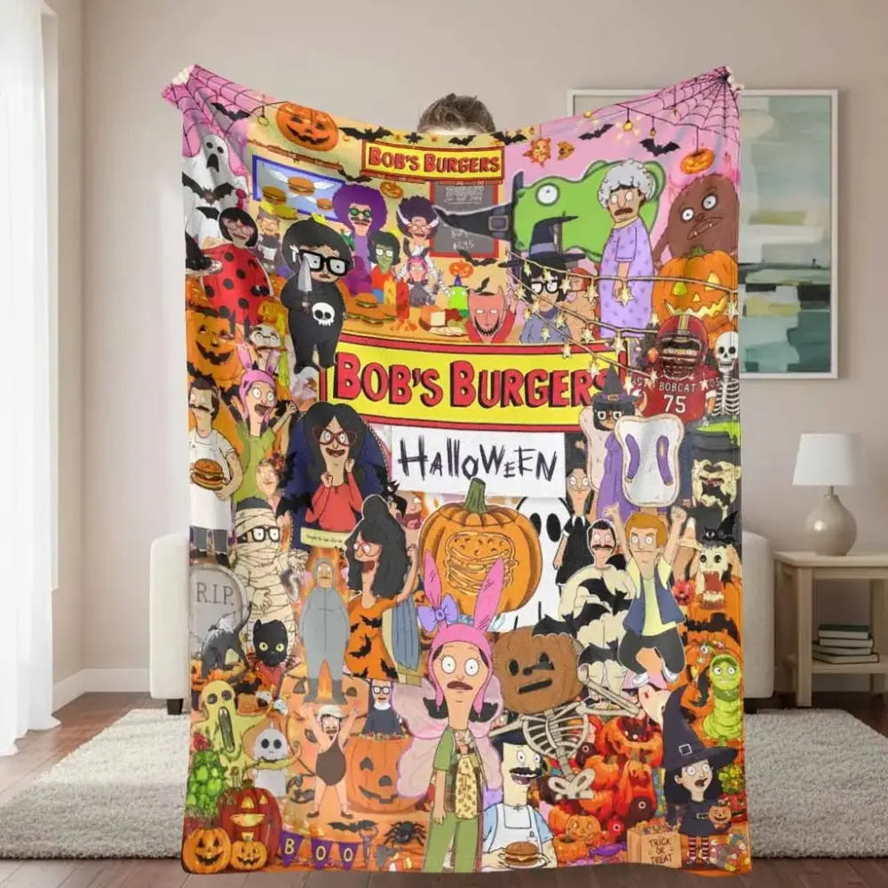 Bob’s Burgers Halloween Cartoon Flannel Throw Blanket, Pumpkin Bats & Ghost Pattern, Wrinkle-Resistant, Breathable, Multi-Size, Soft Warm Lightweight Home & Office Decorative Gift for Bedroom Sofa,back to school,back to school shopping,home decor