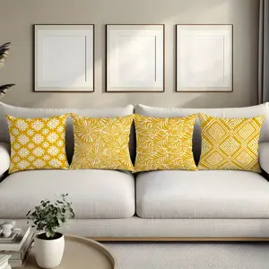 4pcs Set, Yellow Geometric Floral Pattern Printed Cushion Covers Comfortable Home Decorative Pillow Covers for Living Room And Bedroom Sofa Cushions, Pillow Inserts Not Included