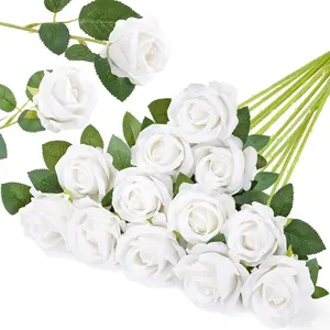 12 Pcs White Artificial Roses Flowers in Bulk, Fake Long Stem Silk Roses for DIY Wedding Bouquets, Centerpieces Arrangements, Valentine Decorations
