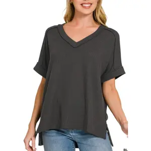Corded V-Neck Top in Black
