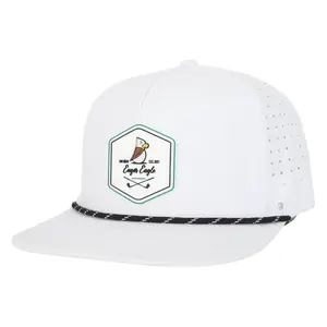 CL Rope Golf Hat, White Color, Adjustable Fit, Embroidered Logo, Black Strap, Durable Construction