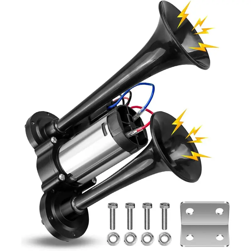 thumbnail image 2 of 600DB Train Horn Super Loud 4 Trumpet Air Horn Kit – 12V/24V, Aluminum, For Truck Car Boat 2 of 5