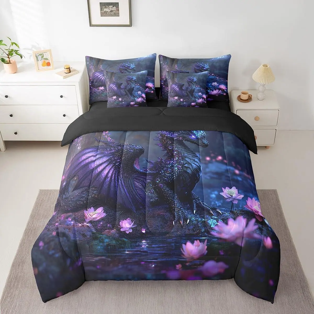 Dragon Comforter Set with Sheets Dragon Stuff Bed in a Bag for Boys Girls Teens Wild Life 7 Pieces Bedding Set Flower Bed Set Room Decor Black Purple