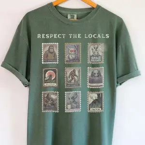 Comfort Colors Respect The Locals Cryptid Tee | Cute Mothman Hiking T-Shirt, Funny Bigfoot Gift for Introverts, Vintage Camping Alien T-Shirts
