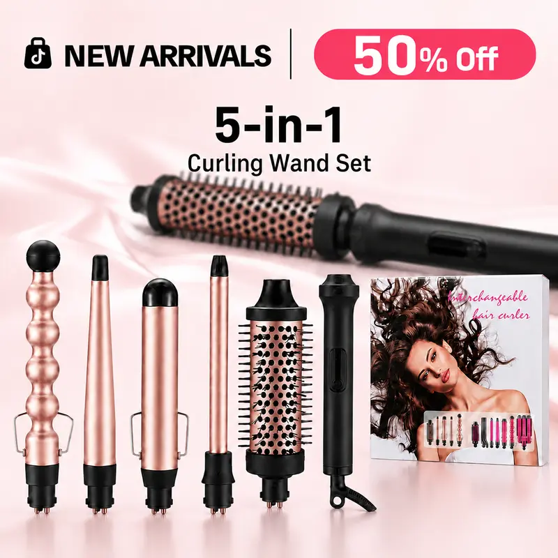 5-in-1 Ceramic Curling Wand Set - Interchangeable Barrels, Thermal Blowout Brush, Tapered/Bubble Wand, Heat-Resistant Glove, Fast Heat-Up Hair Tool for Bouncy Curls - Ideal Worldwide Gift