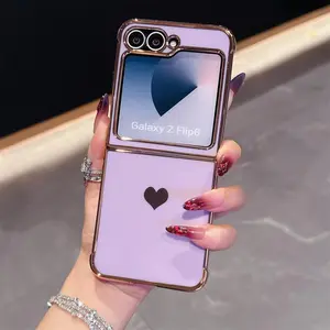 Elegant Electroplated Heart Phone Case for Samsung Galaxy Z Flip6/5, Luxury Zflip7fe, Shockproof Foldable Phone Cover