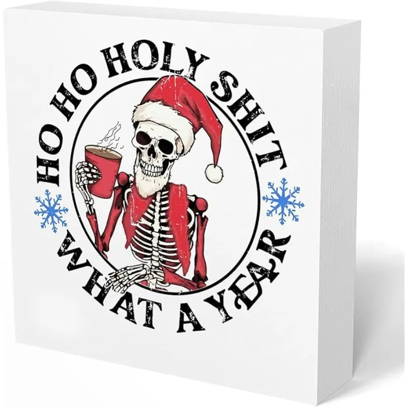 Funny Christmas Skeleton Santa Wooden Box Sign, Skeleton Christmas Decor, Xmas Decorations for Home Office Desk Table Shelf Tabletop Decor, 5x5 Inch