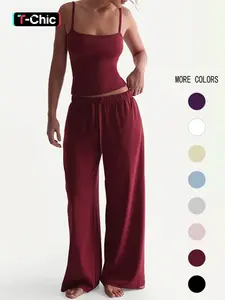 Two-Piece Set Women's Solid Color Cami Top & Pants, Casual Sleeveless Top & Pants for Daily Wear, Ladies Summer Clothes, Soft Elastic Set