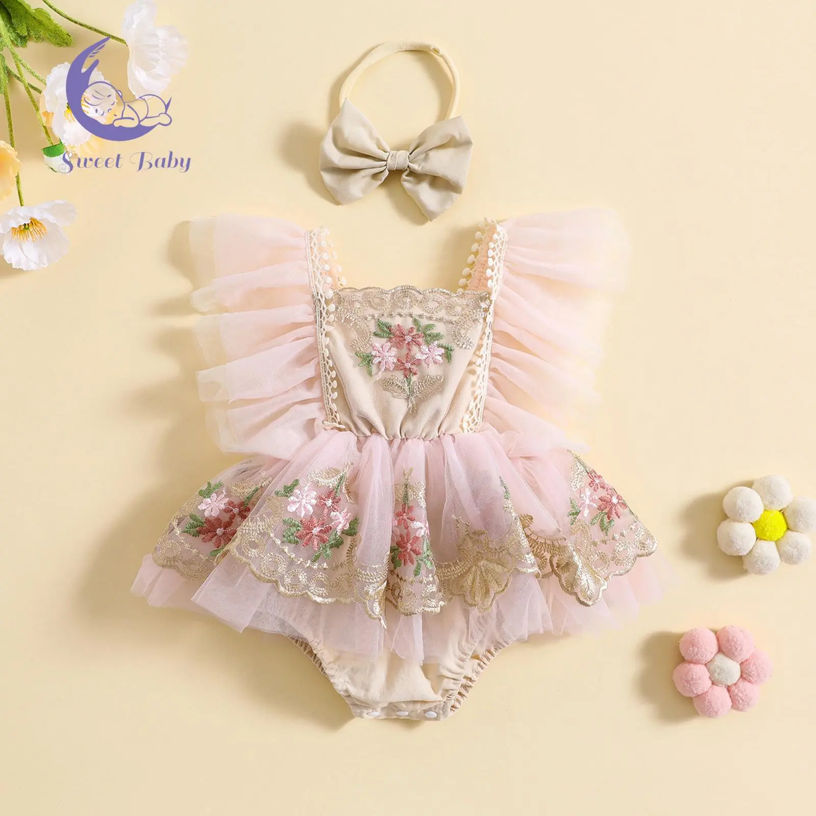 Newborn Girl Baby Clothing, Floral Embroidery Fly-Sleeve Romper with Bowknot Hairband for Summer