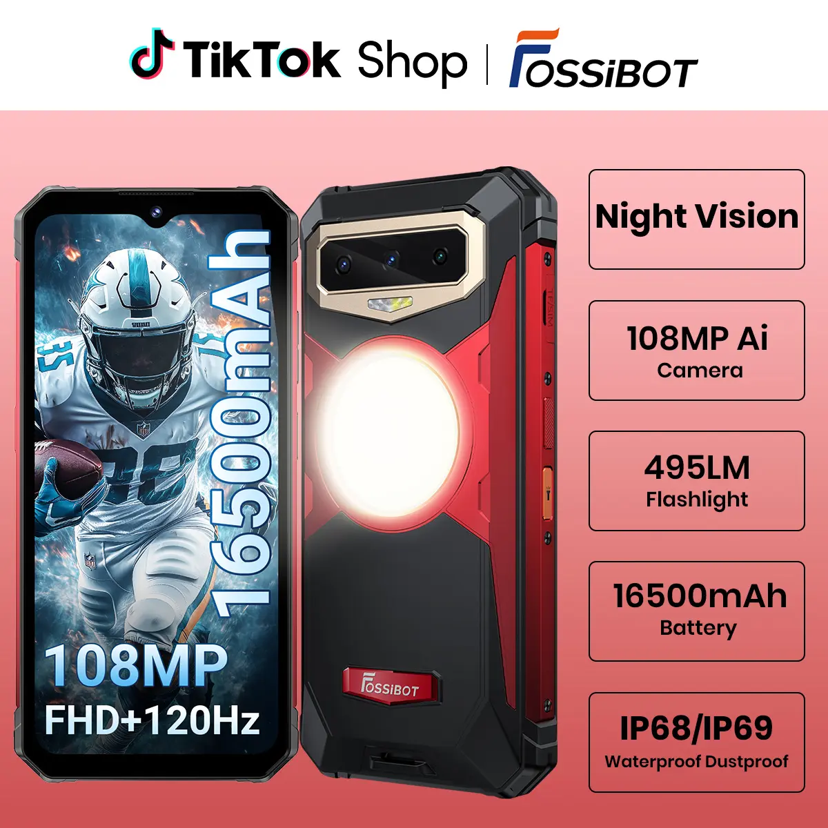 FOSSIBOT F102 Rugged Phone Unlocked, 20GB+256GB Phones | 108MP+20MP Night Vsion, 16500mAh/33W Battery, 6.58" FHD+120Hz Display,512LM Camping Light IP68/IP69K Smartphone