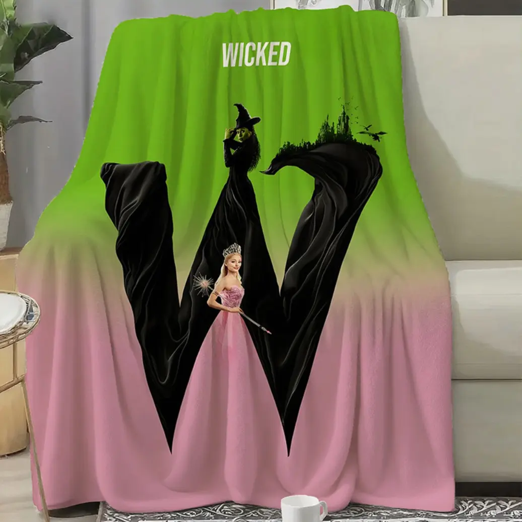 Halloween horror theme Wicked the Musical Themed Fleece Blanket - Soft Flannel All-Season Cozy Throw with Elphaba & Glinda Design, Emerald Green & Pink Contemporary Bedding for Fans, Christmas, Birthday, Wedding Gifts