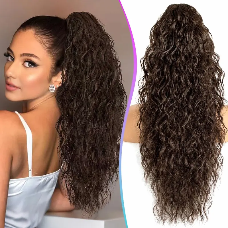 Women's 26" Curly Dark Brown Heat-Resist Curls Synthetic Hair Drawstring Ponytail Extensions, Claw Clip for Easy Attachment, Strong Hold, Fluffy Tip, Natural Look, for Daily Curly Ponytail Hairstyles