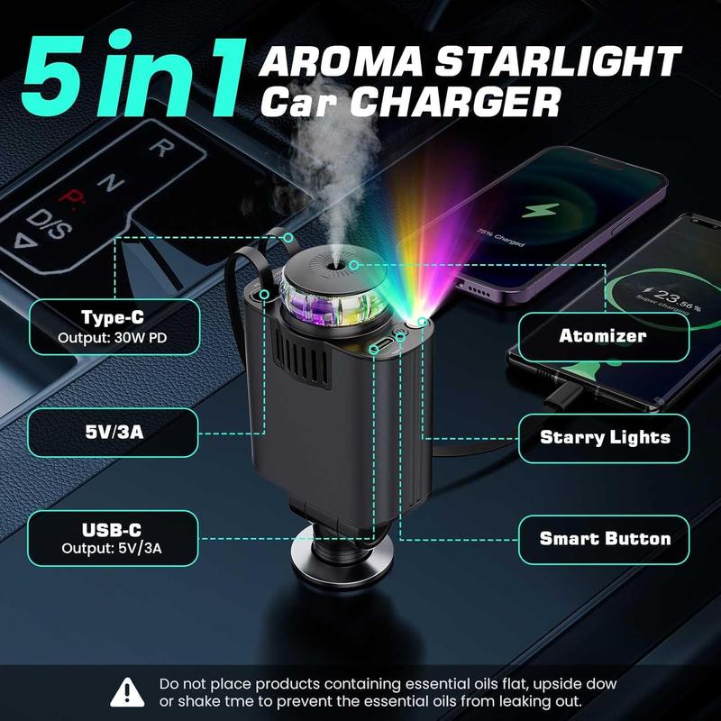 Starlight Retractable Car Charger with Car Aromatherapy Essential Oil Diffuser, Starlight in Car Roof 5 in 1 Fast, 2 Retractable Cables and USB C Car Charger Adapter, Compatible with iPhone 17