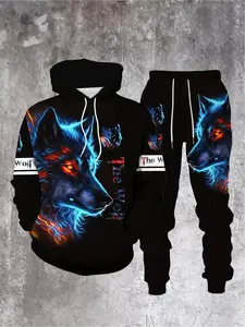 Men's casual 3D printed animal, wolf, casual and comfortable sports suit, Men's hooded sweatshirt, plus a casual sports pants, two-piece set Sweatsuit Sets