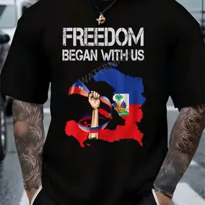Men’s “Freedom Began with Us” Haitian Flag Graphic T-Shirt – Black Crew Neck Tee with Raised Fist Symbol