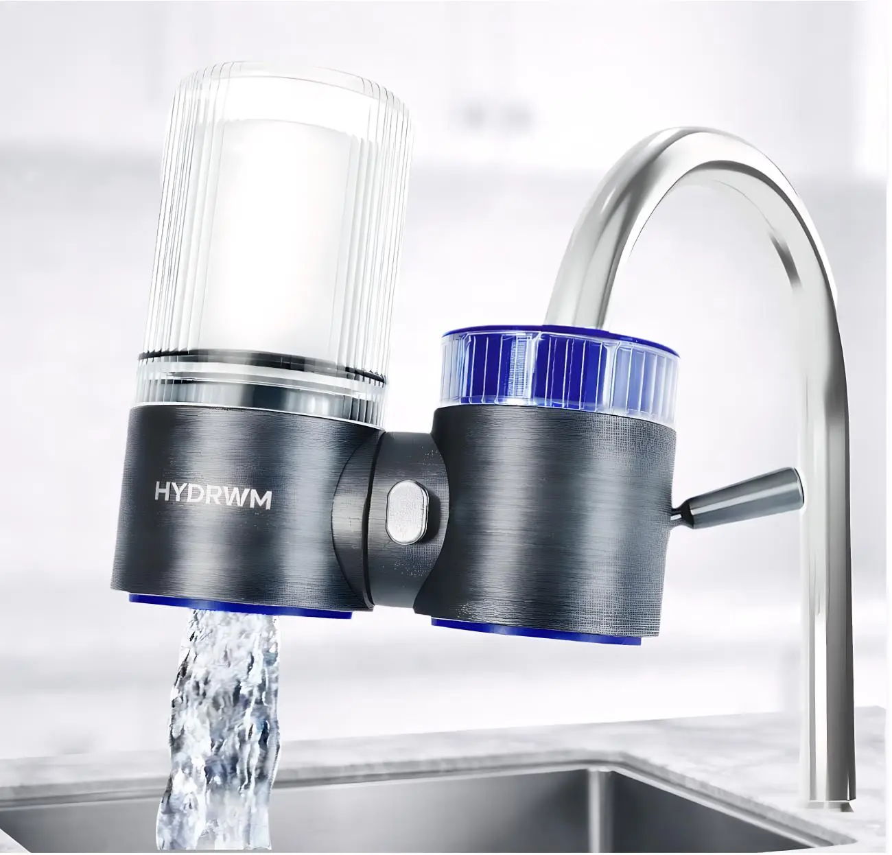Activated Carbon Faucet-Mount Water Filter for Kitchen Sink, Chlorine Filtering Model, Reduces Lead Rust Sediment, Retains Beneficial Minerals, 400-Gal Capacity, 360-Degree Rotation, Easy Installation, Visible Filter Chamber, Gunmetal & Modern Blue